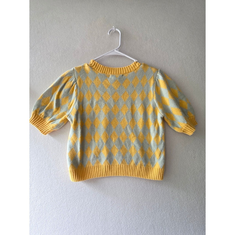 Forever 21 Womens Argyle Knit Short Sleeve Sweater Yellow Mint Green Small 0553 - Picture 3 of 8